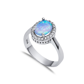 Oval Design Light Blue Opal Stone 925 Silver Cluster Ring