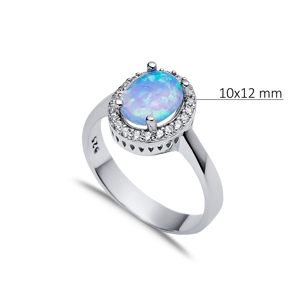 Oval Design Light Blue Opal Stone 925 Silver Cluster Ring