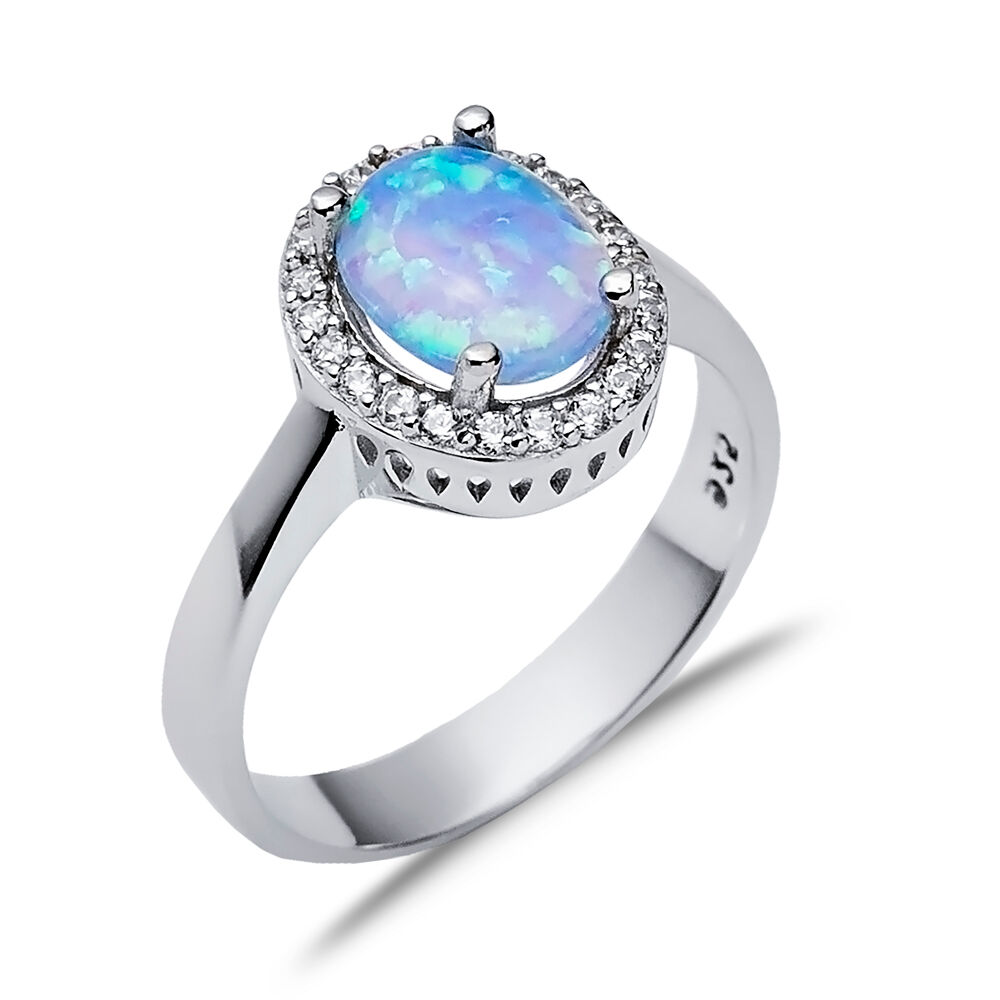 Oval Design Light Blue Opal Stone 925 Silver Cluster Ring