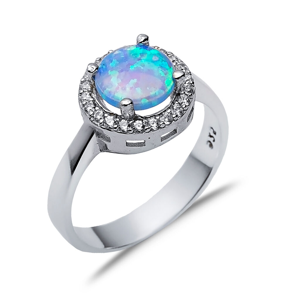 Round Light Blue Opal CZ Stone Wholesale 925 Silver Cluster Ring