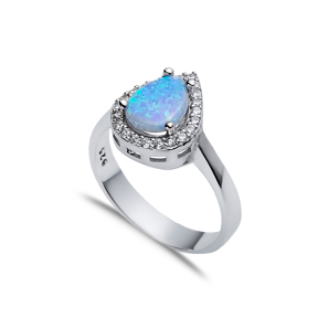 Pear Design Light Blue Opal CZ Stone 925 Silver Cluster Ring