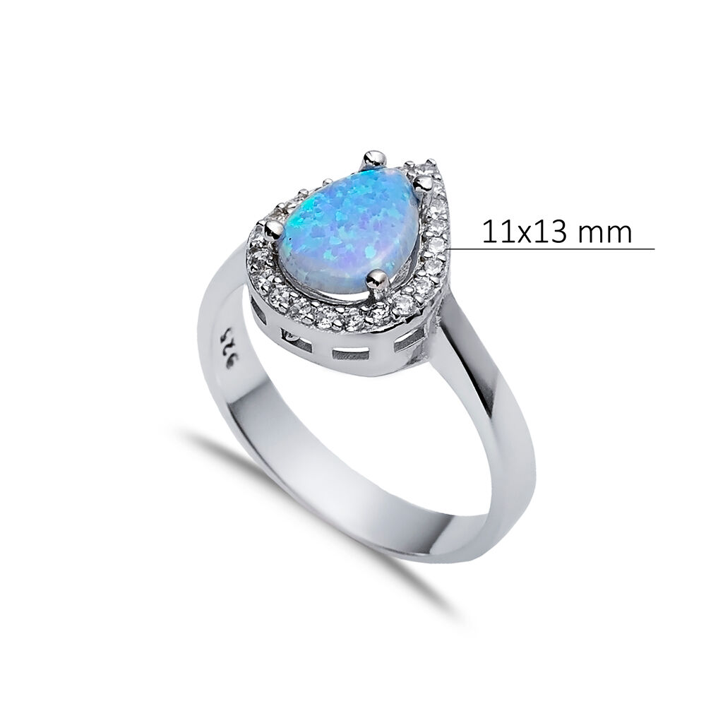 Pear Design Light Blue Opal CZ Stone 925 Silver Cluster Ring