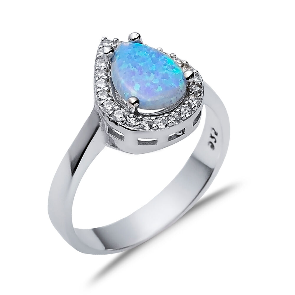 Pear Design Light Blue Opal CZ Stone 925 Silver Cluster Ring