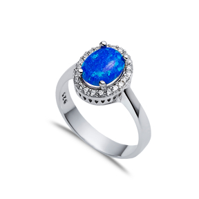 Oval Design Blue Opal Stone 925 Silver Cluster Ring