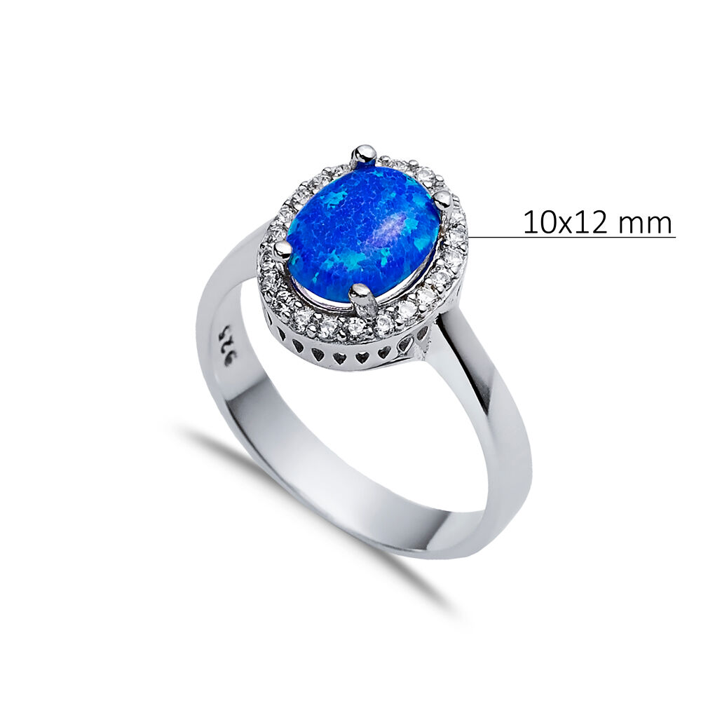 Oval Design Blue Opal Stone 925 Silver Cluster Ring