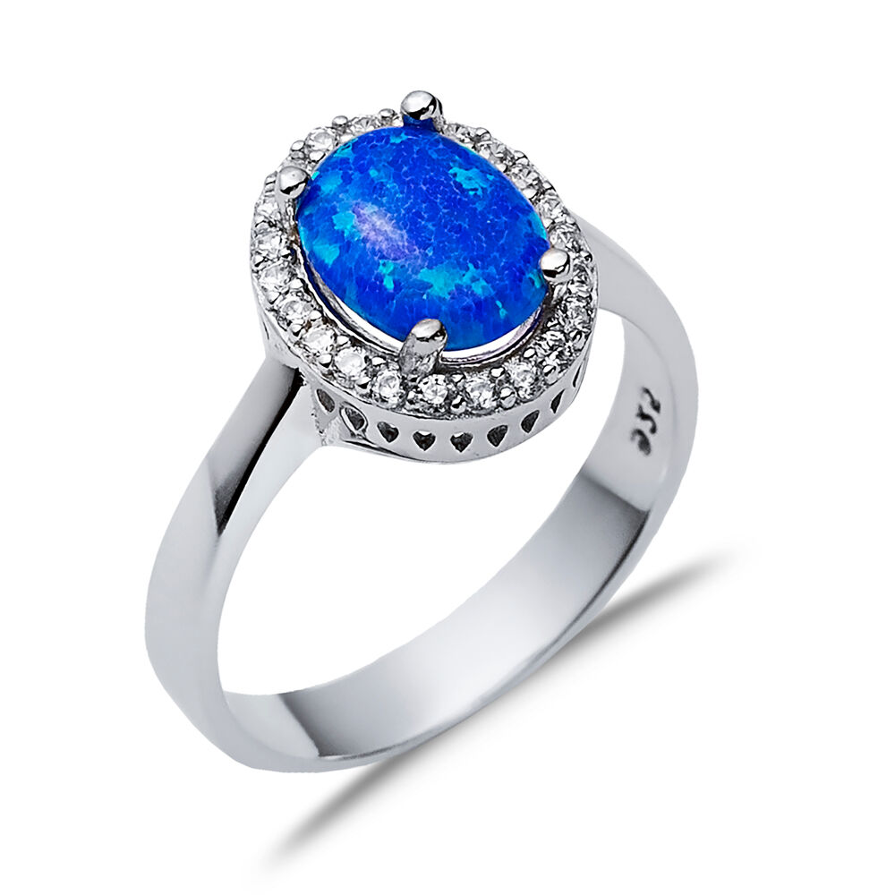 Oval Design Blue Opal Stone 925 Silver Cluster Ring