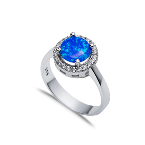 Round Blue Opal CZ Stone Wholesale 925 Silver Cluster Ring