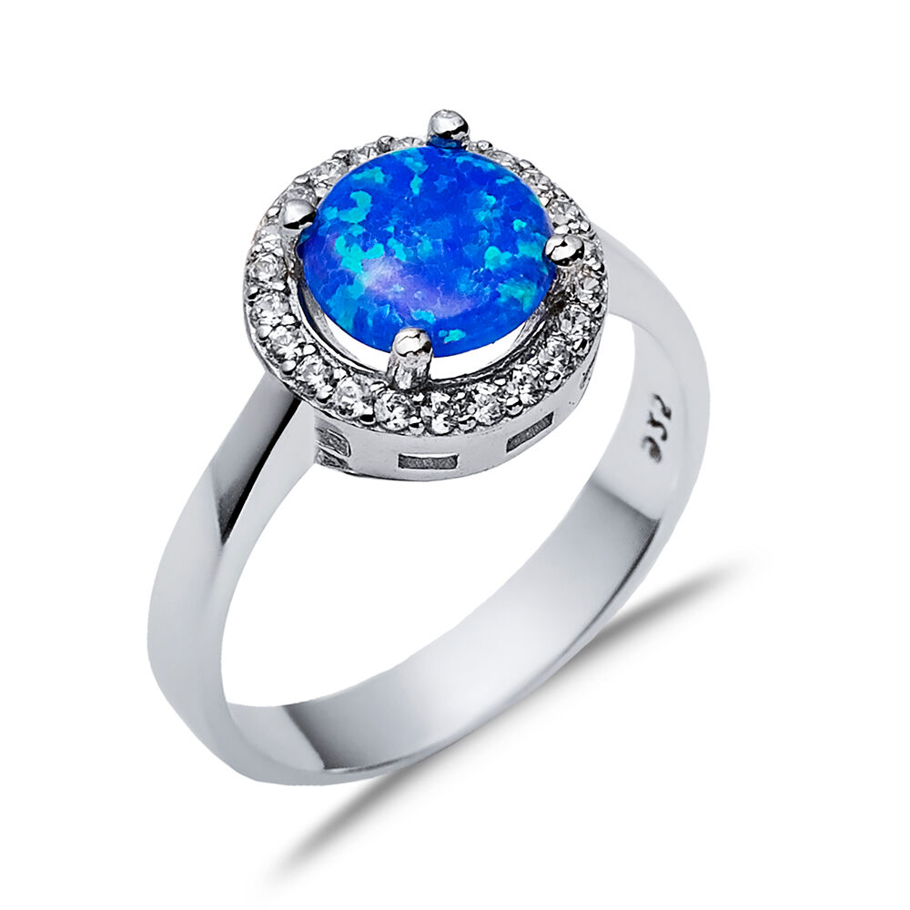 Round Blue Opal CZ Stone Wholesale 925 Silver Cluster Ring