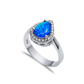 Pear Design Blue Opal CZ Stone 925 Silver Cluster Ring