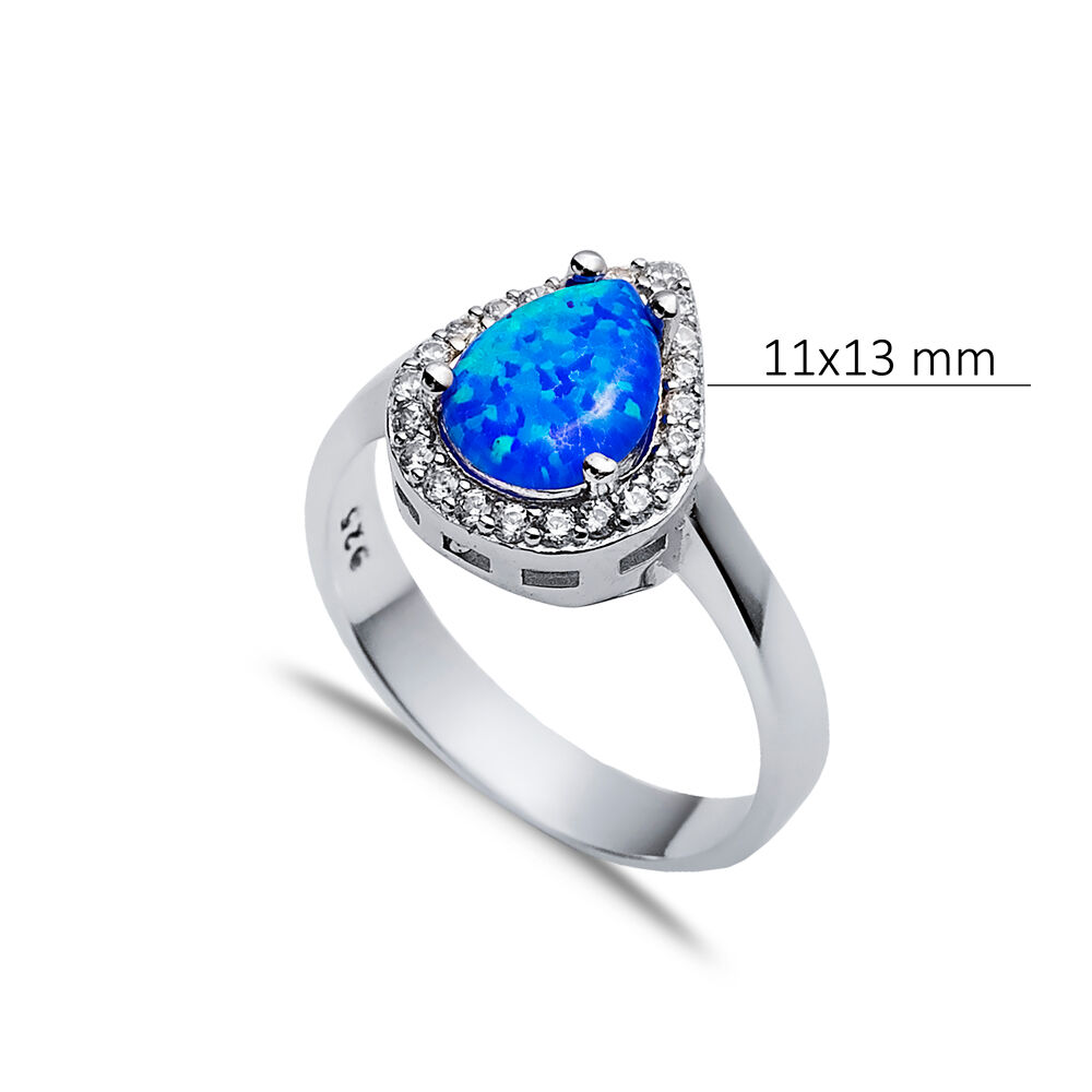 Pear Design Blue Opal CZ Stone 925 Silver Cluster Ring