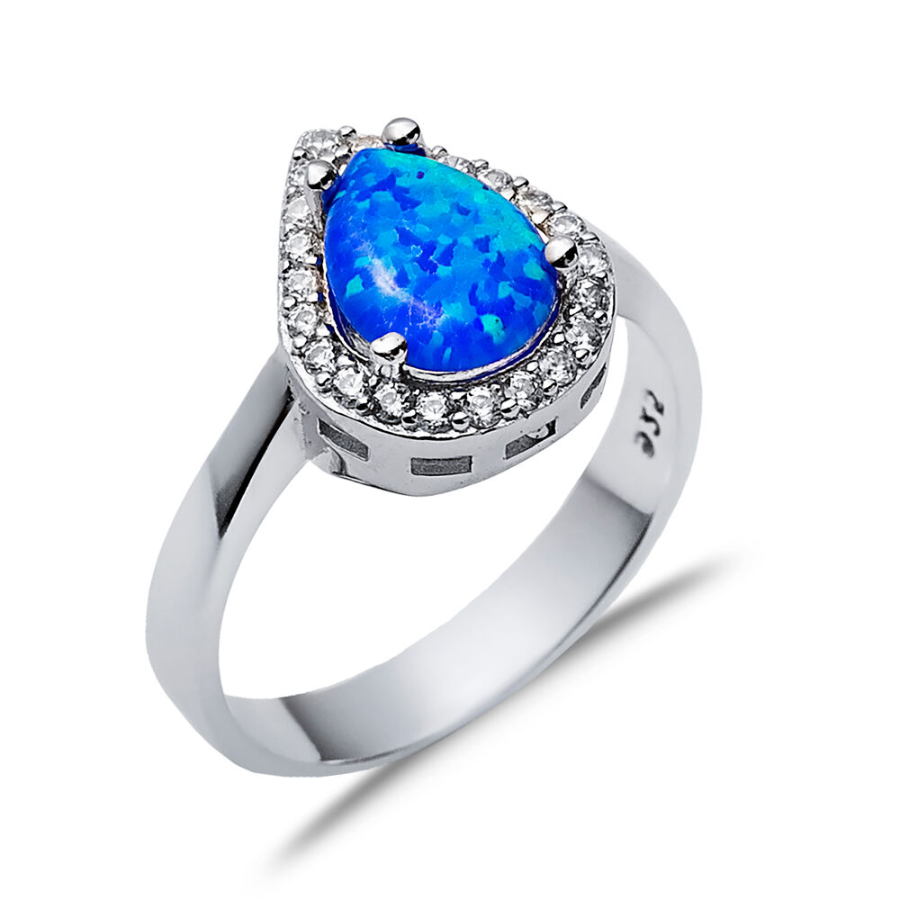 Pear Design Blue Opal CZ Stone 925 Silver Cluster Ring