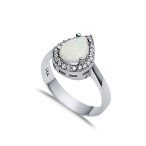 Pear Design White Opal CZ Stone 925 Silver Cluster Ring