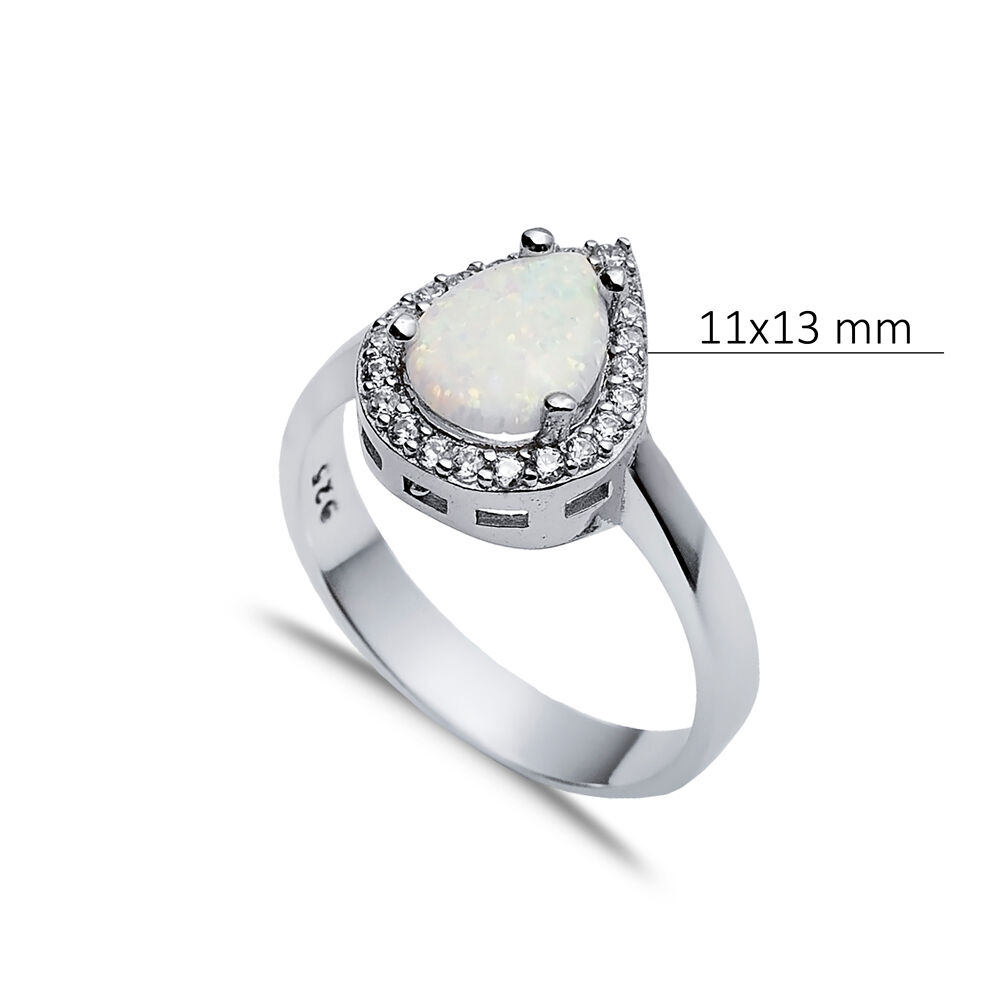 Pear Design White Opal CZ Stone 925 Silver Cluster Ring