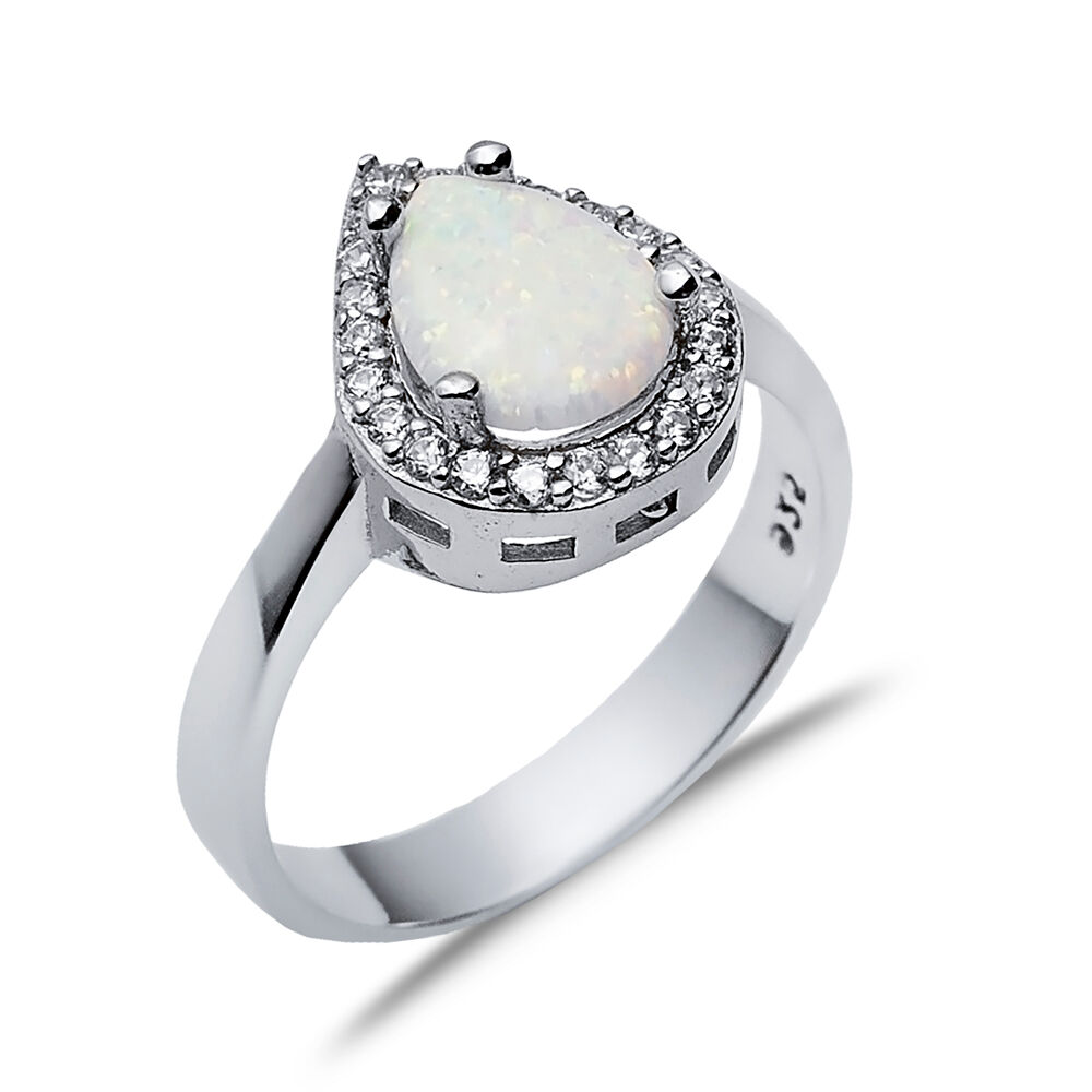 Pear Design White Opal CZ Stone 925 Silver Cluster Ring