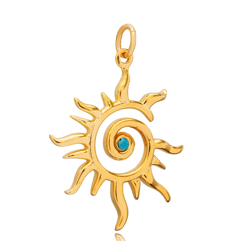 Spiral Sun Turquoise CZ Pendant Charm Silver