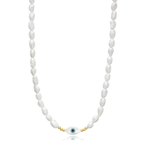 Evil Eye Design Freshwater Pearl 925 Silver Charm Necklace