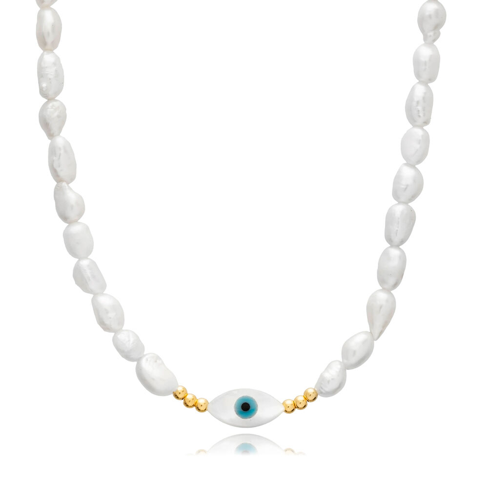 Evil Eye Design Freshwater Pearl 925 Silver Charm Necklace