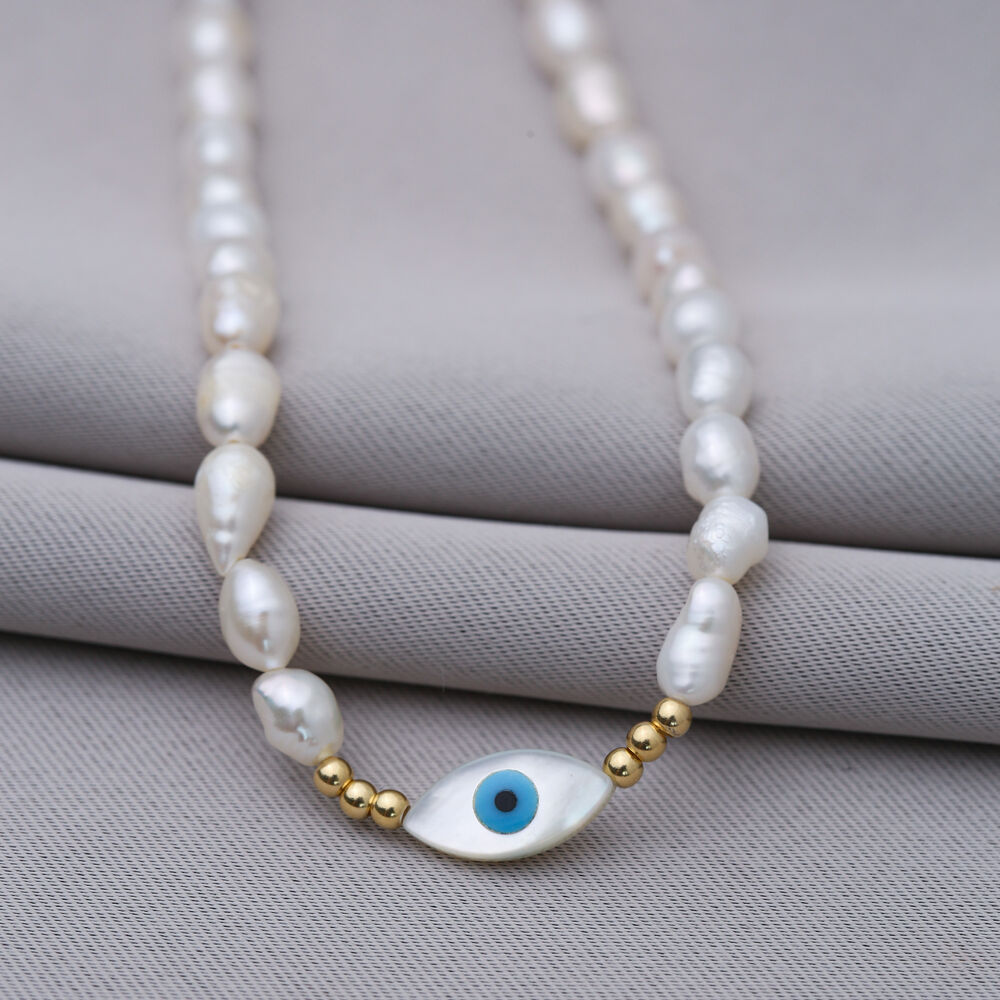 Evil Eye Design Freshwater Pearl 925 Silver Charm Necklace