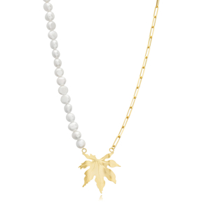 Leaf Charm Paperclip Chain Pearl Design 925 Silver Necklace