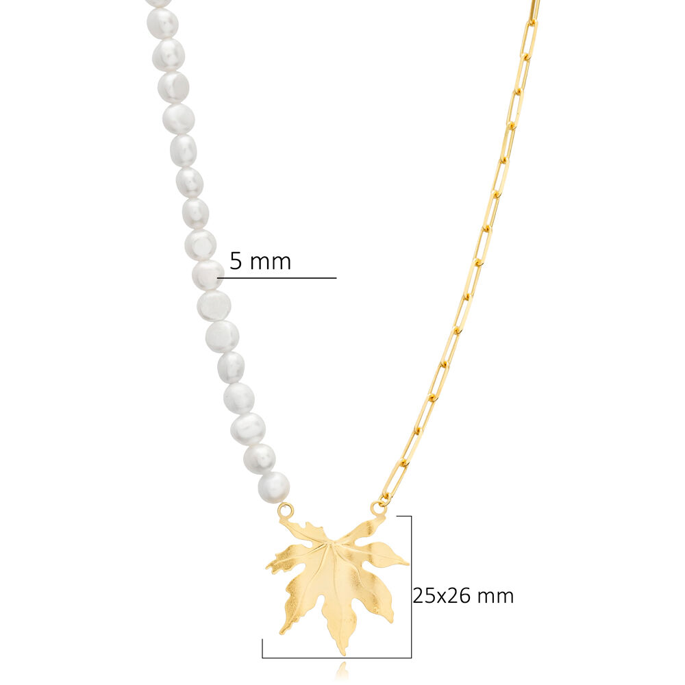 Leaf Charm Paperclip Chain Pearl Design 925 Silver Necklace