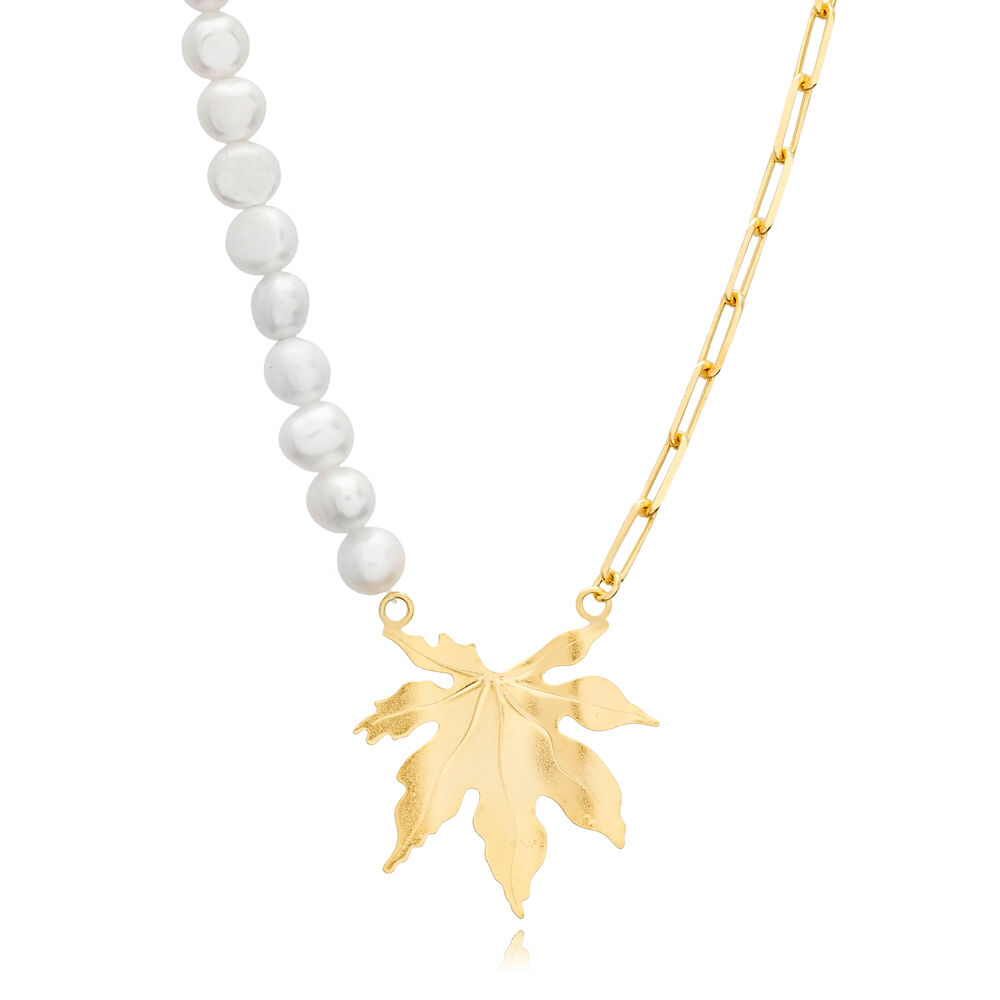 Leaf Charm Paperclip Chain Pearl Design 925 Silver Necklace