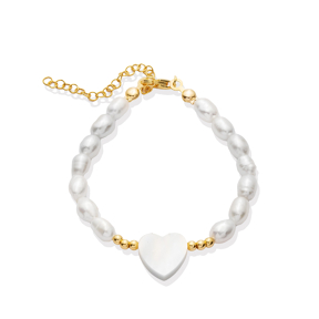 Mother of Pearl Heart Freshwater Pearl Silver Charm Bracelet