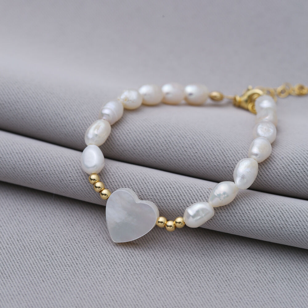 Mother of Pearl Heart Freshwater Pearl Silver Charm Bracelet