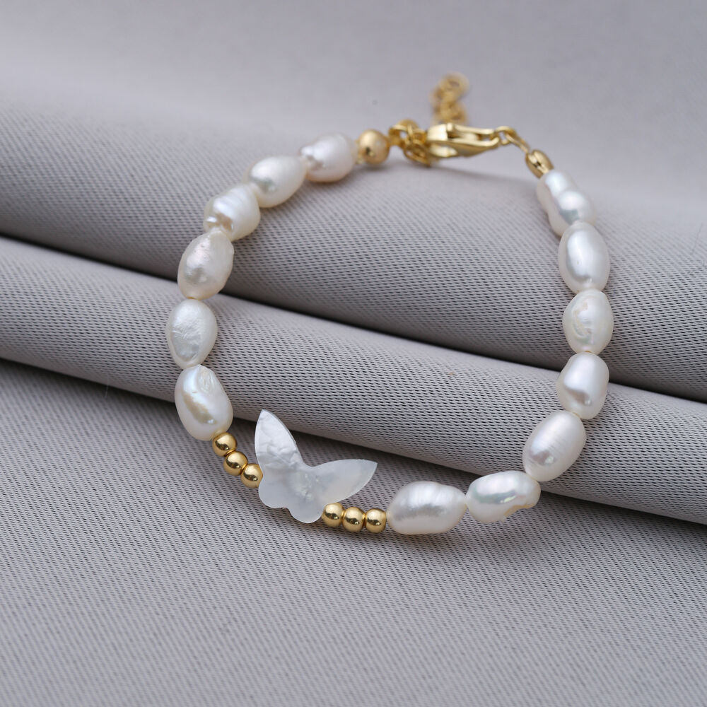 Butterfly Design Freshwater Pearl Silver Charm Bracelet