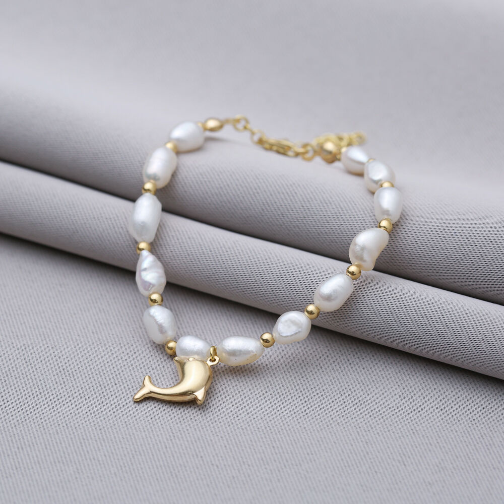 Pearl with Plain Dolphin Charm 925 Sterling Silver Bracelet