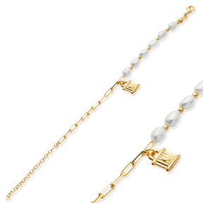 Lock Design Pearl and Chain Design Silver Charm Bracelet