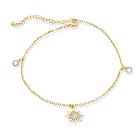 Sun Design CZ Stone Charm Anklet Sterling Silver Jewelry