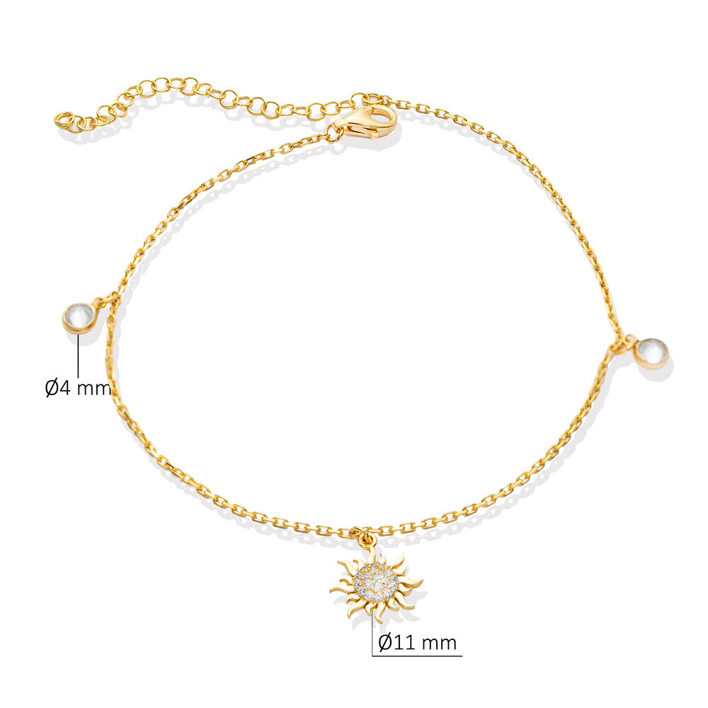 Sun Design CZ Stone Charm Anklet Sterling Silver Jewelry