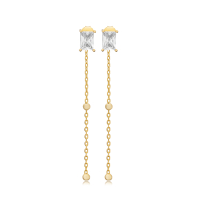 Rectangle CZ Charm Clasp Chain Stud Earrings
