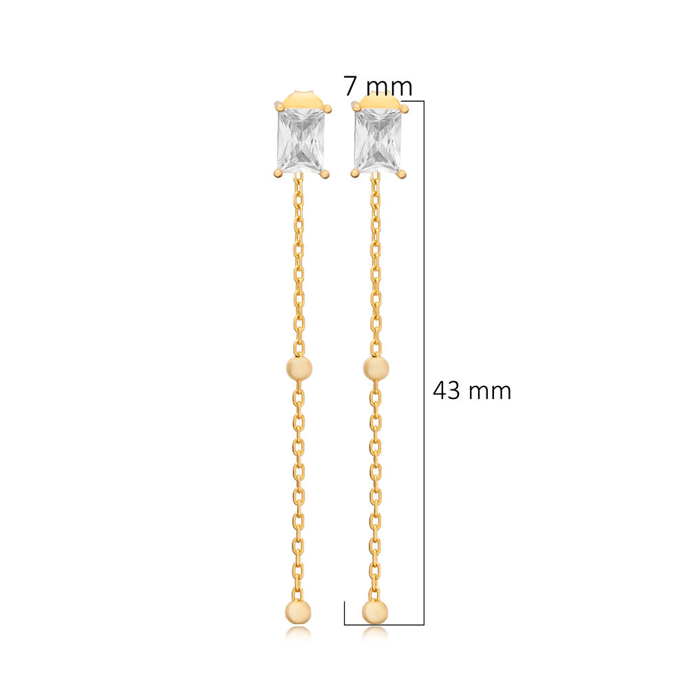 Rectangle CZ Charm Clasp Chain Stud Earrings