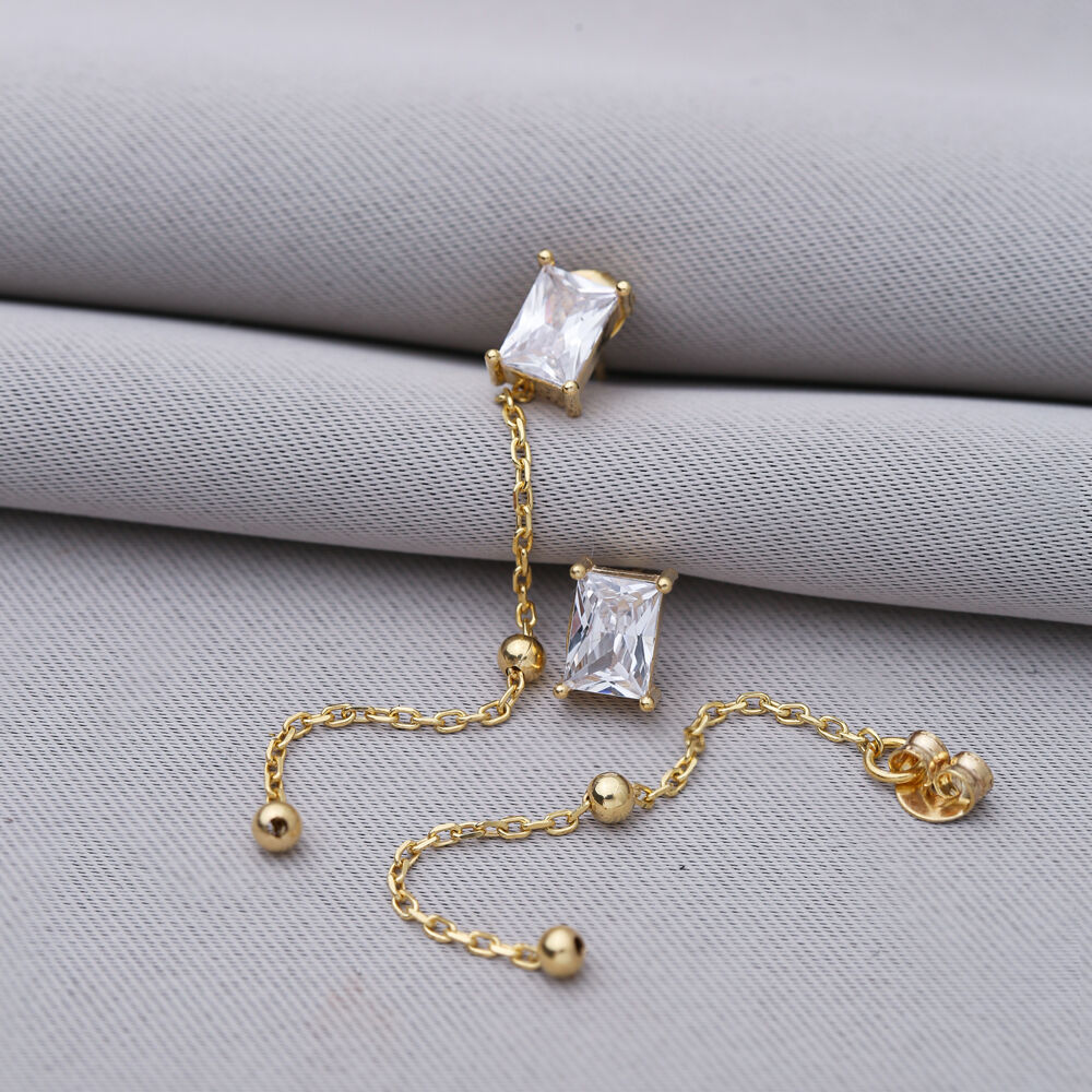 Rectangle CZ Chain Silver Stud Earrings