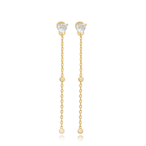 Heart CZ Charm Clasp Chain Stud Earrings