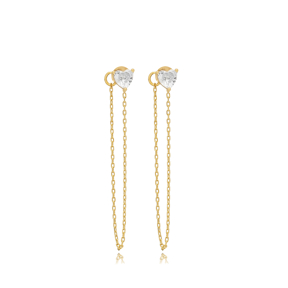 Heart CZ Charm Long Chain Stud Earrings