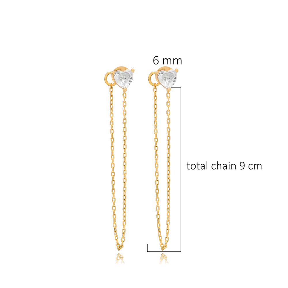 Heart CZ Charm Long Chain Stud Earrings