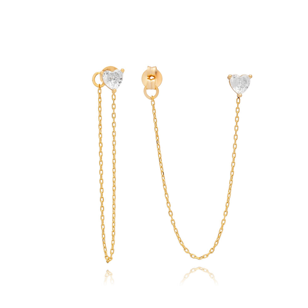 Heart CZ Charm Long Chain Stud Earrings