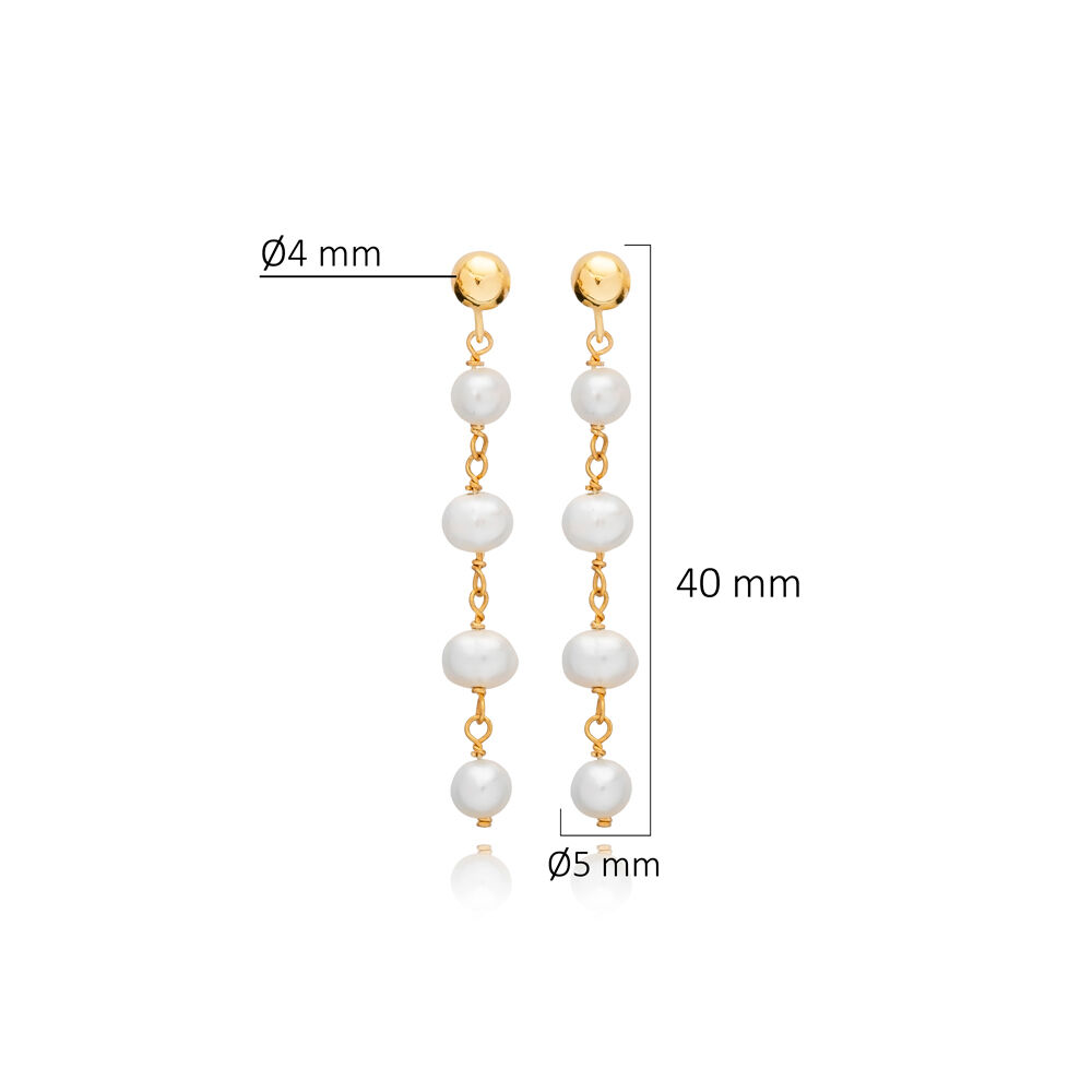 Ball Charm Long Pearl Chain Silver Stud Earrings