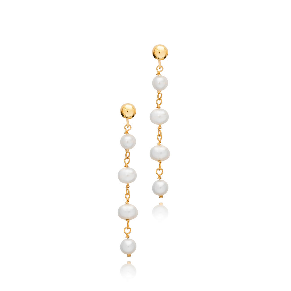 Ball Charm Long Pearl Chain Silver Stud Earrings