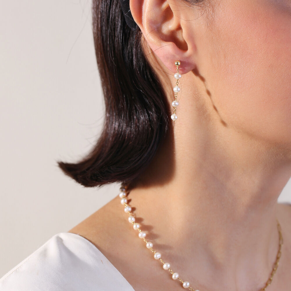 Ball Charm Long Pearl Chain Silver Stud Earrings