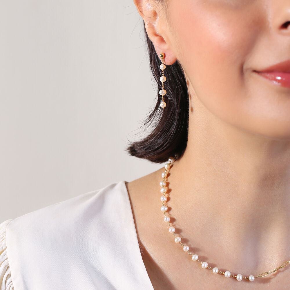 Ball Charm Long Pearl Chain Silver Stud Earrings