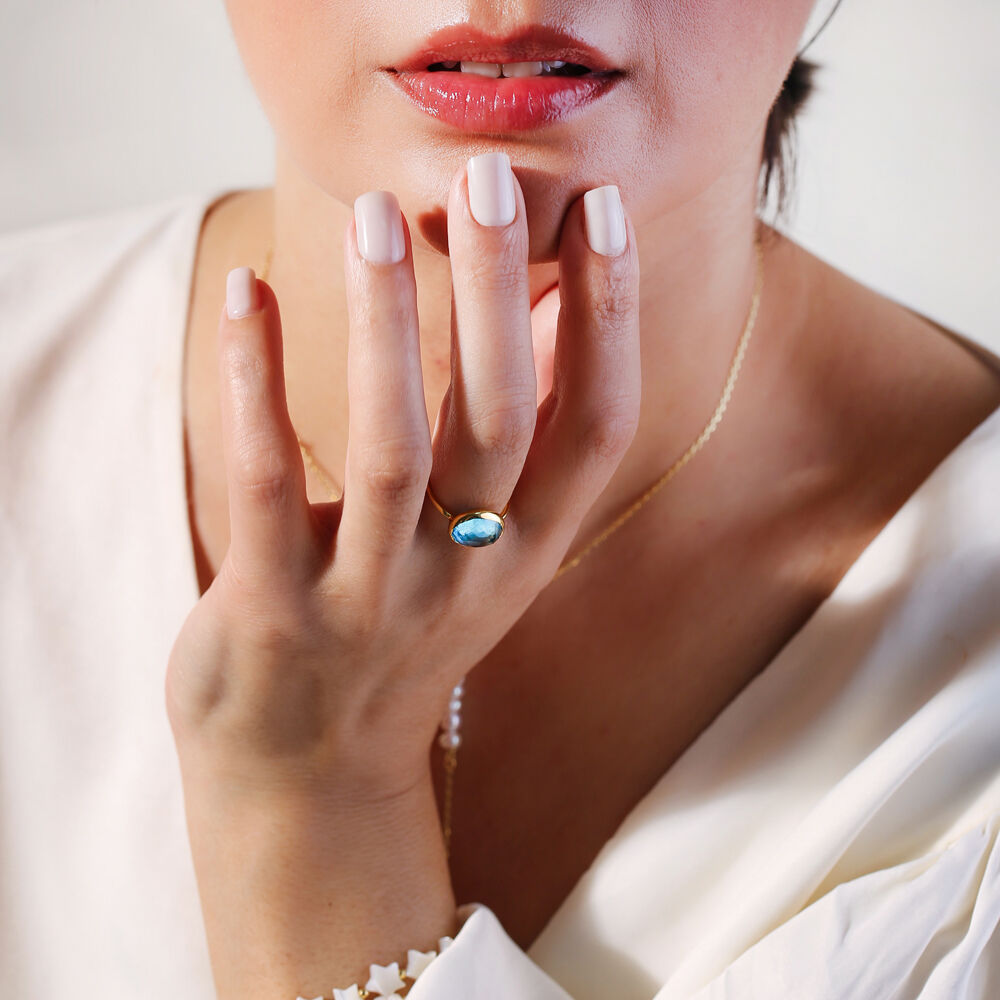 Aquamarine Quartz Stone Round Gold Bezel Silver Jewelry Ring