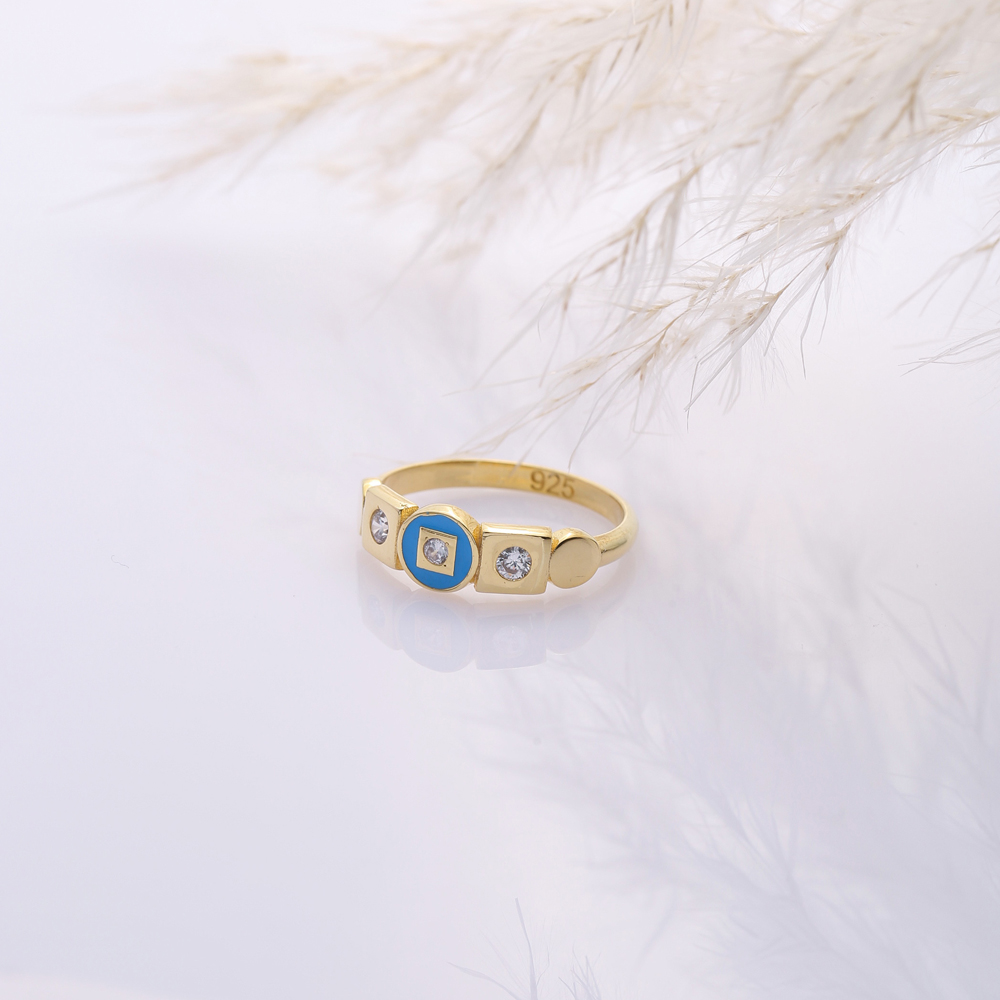 Blue Enamel Round Design CZ Stone 925 Silver Band Ring