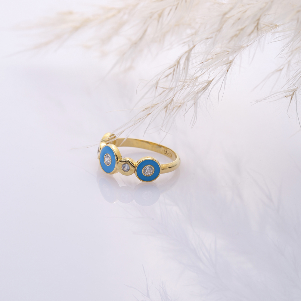 925 Silver Band Ring Blue Enamel Round Design CZ Stone