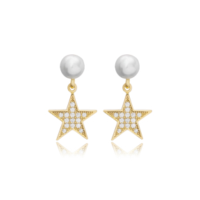 Pearl and Star Design Elegant Turkish Silver Stud Earrings
