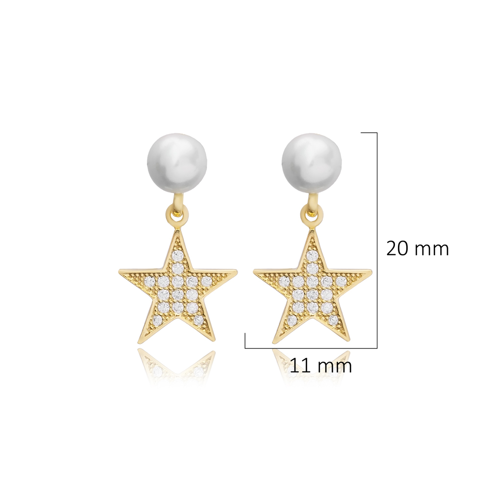 Pearl and Star Design Elegant Turkish Silver Stud Earrings