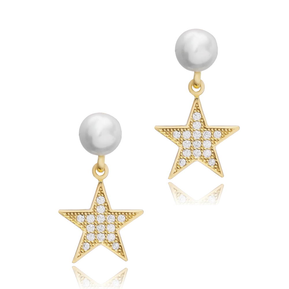 Pearl and Star Design Elegant Turkish Silver Stud Earrings