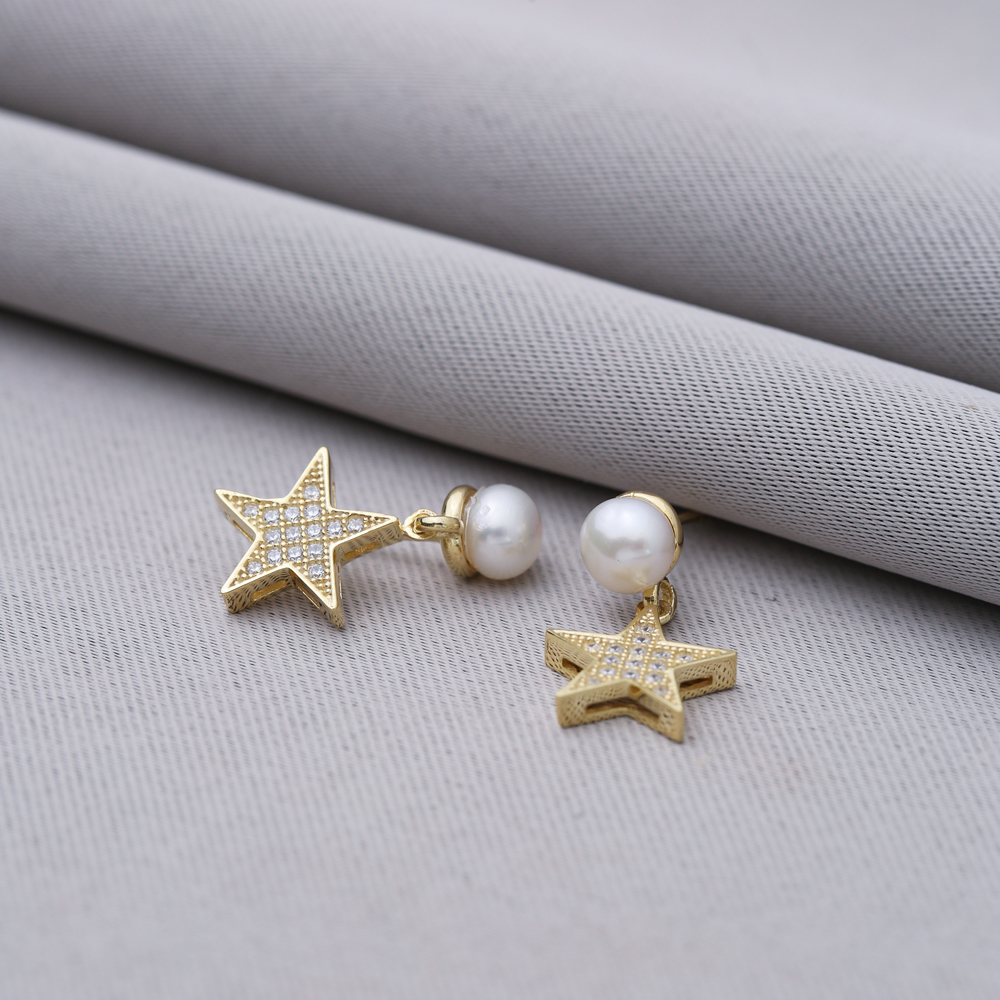 Pearl and Star Design Elegant Turkish Silver Stud Earrings